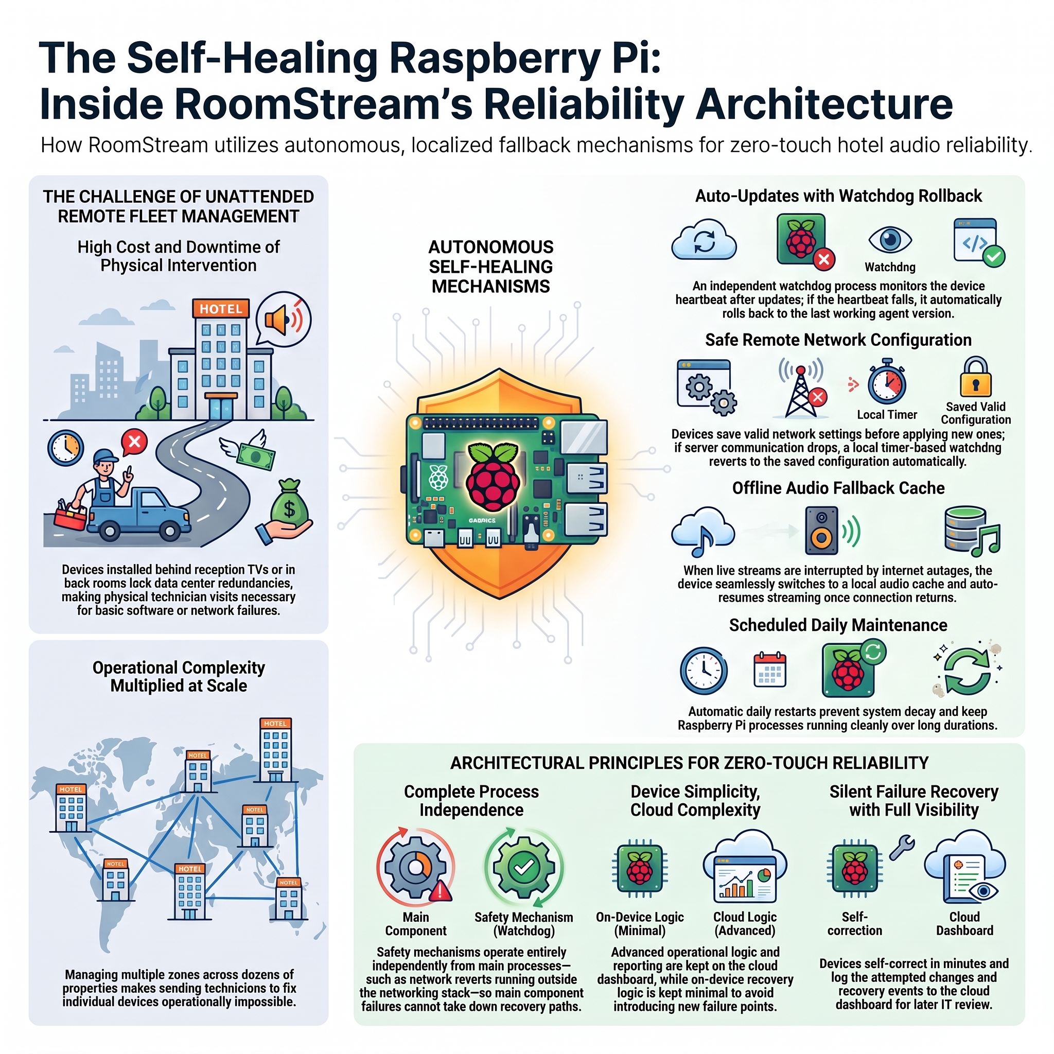 Self-healing Raspberry Pi RoomStream reliability architecture